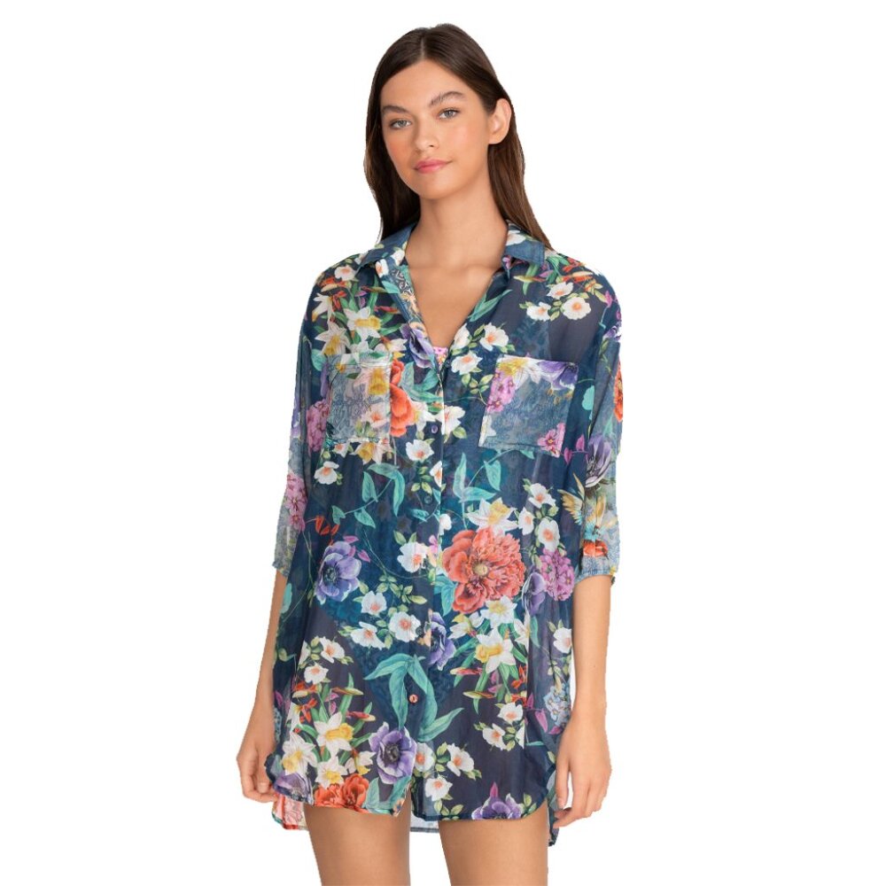 Johnny Was Sunrise Blue Swim Resort Cover Up Floral Paria Shirt Dress XXL NEW